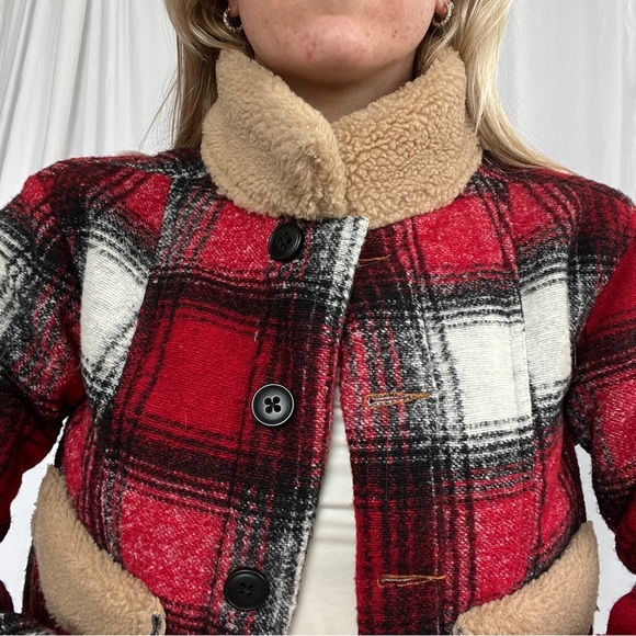 NSF Clothing Wool Plaid Red Sherpa Bomber Jacket XS - Picture 3 of 8